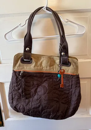 Fossil Key Per Quilted Flower Tote‎ Bag Brown Canvas Leather Accents Key Charm thumbnail 1