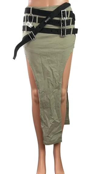 Women's Green Multi Belt Strap Low Waist Sides Slit Maxi Pencil Skort Skirt Sz S thumbnail 1