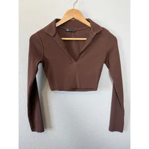 ZARA Brown Ribbed‎ Collared Long Sleeve Crop Top Shirt Women Size S thumbnail 2
