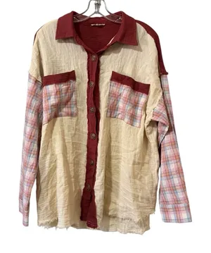 EASEL Women Sz Small Button Down Cotton Tunic Top Long‎ Sleeve Patchwork Raw Hem thumbnail 1