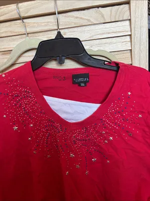 Trillogy Red Long Sleeve Scoop Neck Top with Star and Rhinestone Detail XL thumbnail 2