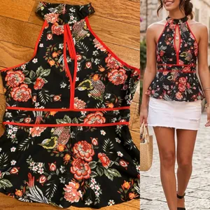 LILY black floral and bird design peplum /halter neck black sleeveless top M thumbnail 5