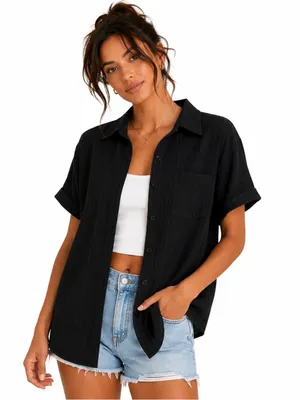 Relaxed Layering Black Short-Sleeve Textured Button-Down Shirt Small thumbnail 1