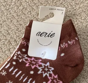 Aerie Women’s Ankle Socks Pack of Three Brown White Tan O/S One Size Cotton NWT thumbnail 2