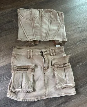 SHEIN Taupe Two-Piece Corset Top and Cargo Mini Skirt Set thumbnail 1