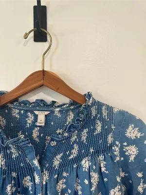 J. Crew Blue White Floral Ruffled Round Neck Button Long Sleeve Blouse Women’s 4 thumbnail 2