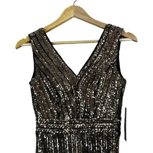 NWT Lulus Sequin Striped Mini Dress Gold V-Neck Glam Open Back Size XS thumbnail 2