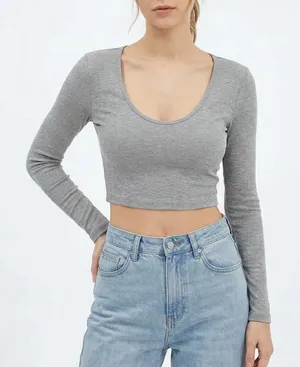 SHEIN Womens Heather Grey Scoop Neck Long Sleeve Crop Top XS thumbnail 1