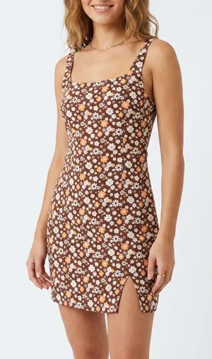 Hollister Brown Floral Daisy Mini Dress Smocked Back Square Neck Size M Regular thumbnail 1