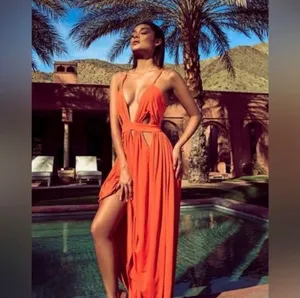 House of CB Ischia Orange Cutout Plunge Backless Maxi Dress M Goddess Resort thumbnail 5