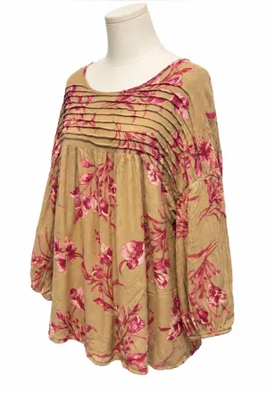 Easel Los Angeles Floral Boho Top Size Medium Pink Tan Pleated Gauze Blouse thumbnail 1