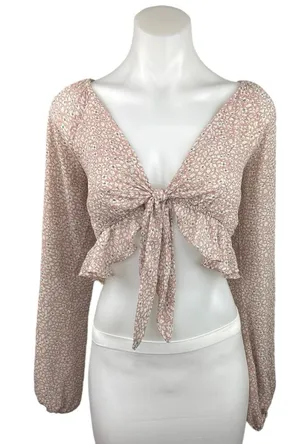Princess Polly Pink Floral V Neck Tie Front Long Sleeve Peplum Crop Top Size 6 thumbnail 1