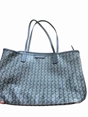Tory Burch Gray & Black Textured Monogram Small Tote Bag Zip Top Logo Canvas thumbnail 7