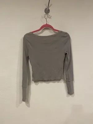 Free People Shirt Womens Medium Gray Embroidered Scoop Neck Long Sleeve Cropped thumbnail 3