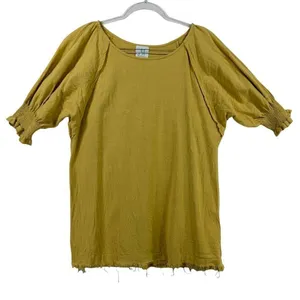 ShopTheMint Women M Yellow Boho Smocked Short Sleeve‎ Linen Blouse Fall Layering thumbnail 1