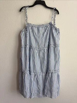 Rails Caralyn Stripe Tiered Tie-Shoulder Tank Minidress Blue/White, Size L, NWT thumbnail 3
