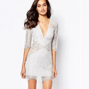 For Love & Lemons Ivory Lace Long Sleeve V-Neck Mini Dress thumbnail 2
