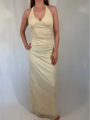 Sparkly Cream White Vintage Halter Neck Ruffle Party Formal Dress thumbnail 2