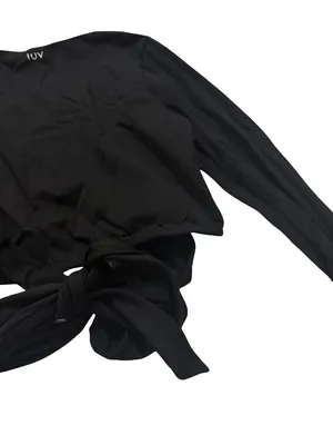 MW Luv (Made With Luv) Black Long Sleeve Wrap Crop Tie Waist V Medium Women's thumbnail 5