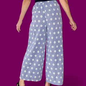 Shein Casual Blue Daisy Floral Gingham Wide Leg Casual Pants thumbnail 7