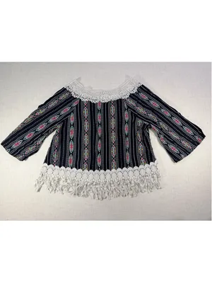 Julia Boho Geometric Striped Crochet Lace Fringe Bell Sleeve Top Black Large thumbnail 6