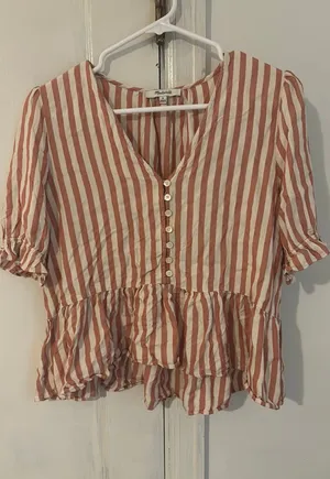 Madewell Blouse Pink Striped White Ruffle Bottom Medium thumbnail 1