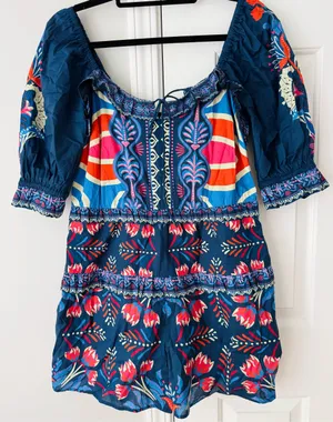 Farm Rio Puff-Sleeve Ruffled Floral Cotton Romper, Size S/M thumbnail 5