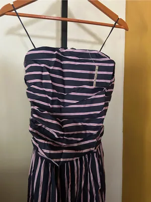 Madewell Strapless Ruched Midi Dress Poplin Striped‎ 100% Cotton Indigo Size 10 thumbnail 5