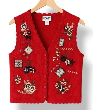 Vintage Red Embroidered Knit Sweater Vest Floral Cottagecore Medium Plaid Floral thumbnail 1