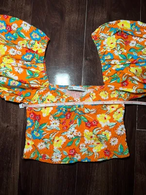 Zara Orange Floral Crop Top Crop Puff Sleeve Size Small thumbnail 8