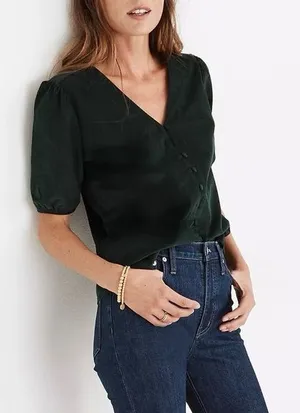 Madewell Corduroy Puff Sleeve V-Neck Button Front Top Womens Size XS Dark Green thumbnail 1