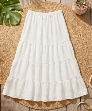 OLIVE & CO. White Tiered Boho Cottagecore Midi Skirt | High Elastic Waist thumbnail 1