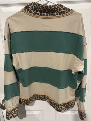 Gilded Intent Striped Green & Cream Rugby Top with Leopard Trim thumbnail 3
