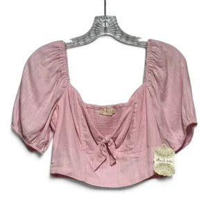 Altar'd State Linen Puff Sleeve Tie Front Cropped Blouse Top Pink Medium thumbnail 2