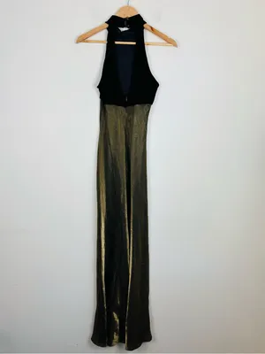 Vintage Roberta 90s Gold Lamé Bias Cut Velvet Halter Maxi Gown 9/10 thumbnail 4