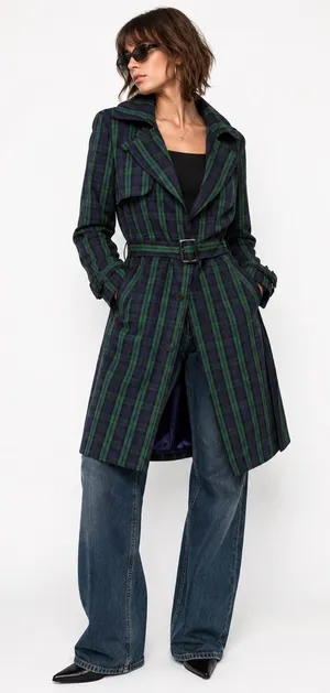 Vintage Jeffrey Banks Plaid Trench Coat Longline Belted Green Purple Size M thumbnail 1