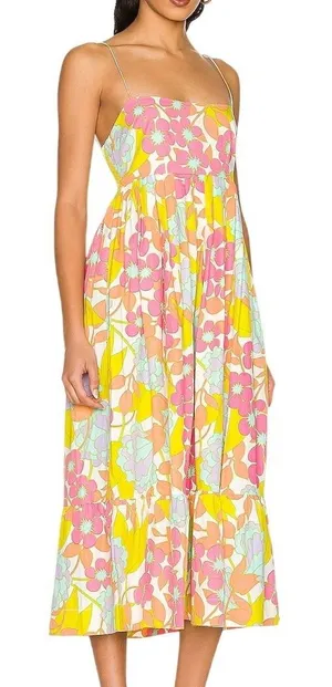 S/W/F En-Flowered Midi Dress Medium Pink‎ Floral Retro Mod Boho Sundress Cotton thumbnail 1