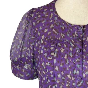 Bryan Bradley Shirt Women Small Purple‎ Leopard Print Silk Button Front Blouse thumbnail 5