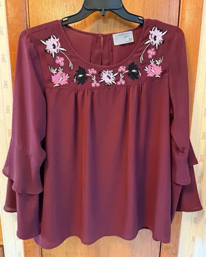 ruff hewn Grey Embroidered Burgundy Blouse thumbnail 1