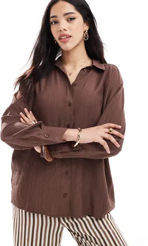 Bershka Brown Ribbed Button Down Shirt Long Sleeve Business Casual Top thumbnail 1