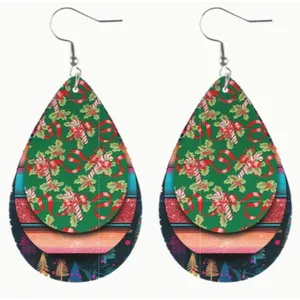 Set of 2 Christmas Teardrop Reversible PU Leather Hook Earrings C3, New! thumbnail 2