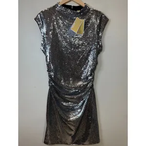 Michael Kors Sequin Dress Womens Size M Silver Ruched Mock Neck Cocktail Party thumbnail 4