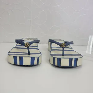 Tory Burch Womens Sandals Size 6.5 White and Blue Stripe Slip On Heels thumbnail 3