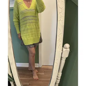 Free People Neon Green Open Knit Sweater XS Long Sleeve V Neck Cotton Blend thumbnail 8