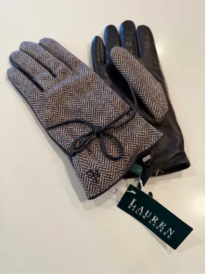 Lauren Ralph‎ Lauren Herringbone Wool Gloves Brown Leather thumbnail 1