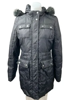 Aqua Black Faux Fur Trim Quilted Long Sleeve Hooded Puffer Parka Coat Jacket XS thumbnail 1