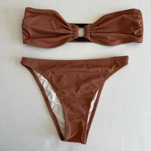 Women's Solid & Striped Brown Bikini Set Size S/XS thumbnail 1