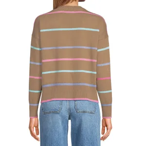 Lands End Women's Drifter Easy Fit Sweater Honey Beige Multi Stripe Large Cotton thumbnail 2