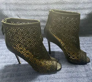 Badgley Mischka “July”Leather Black Laser-Cut Peep-Toe Stiletto Booties thumbnail 1