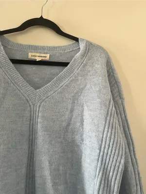 Lucky Brand Light Blue V Neck Ribbed Knit Sweater Large Capsule Wardrobe Coastal thumbnail 3